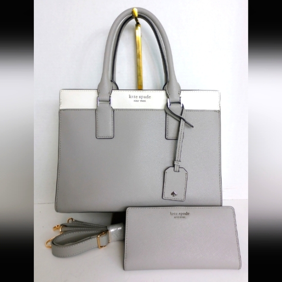 Kate Spade Leather Cameron Satchel Purse & Wallet Set, gray, white, Charm - Picture 1 of 16